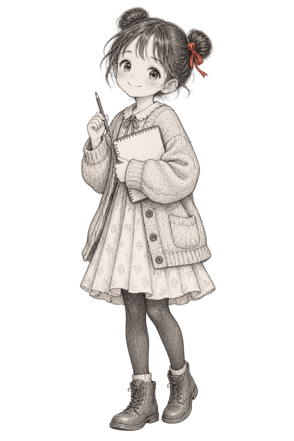 一位手持画本、笑容可爱的二次元女孩铅笔素描插画
